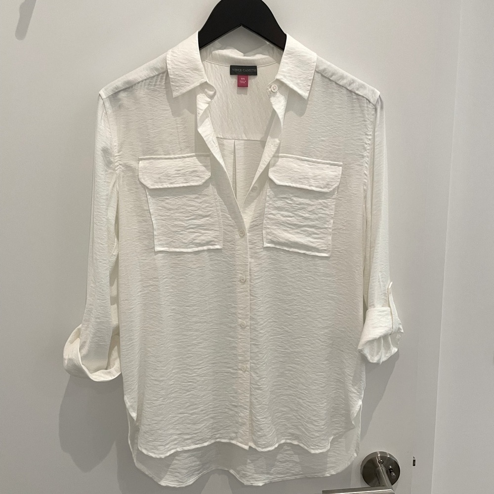 Vince Camuto Hammered Satin Utility Shirt, XXS, in White